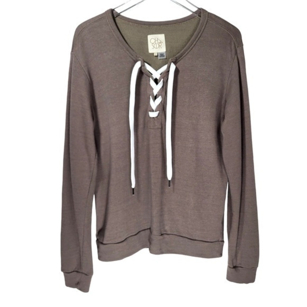 Chaser Lace Up Tie Pullover Long Sleeve Lace Up Sweater in Brown